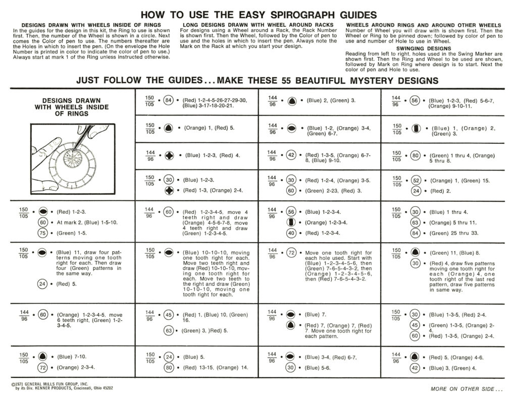 Black and white printed instructions for Spirograph designs